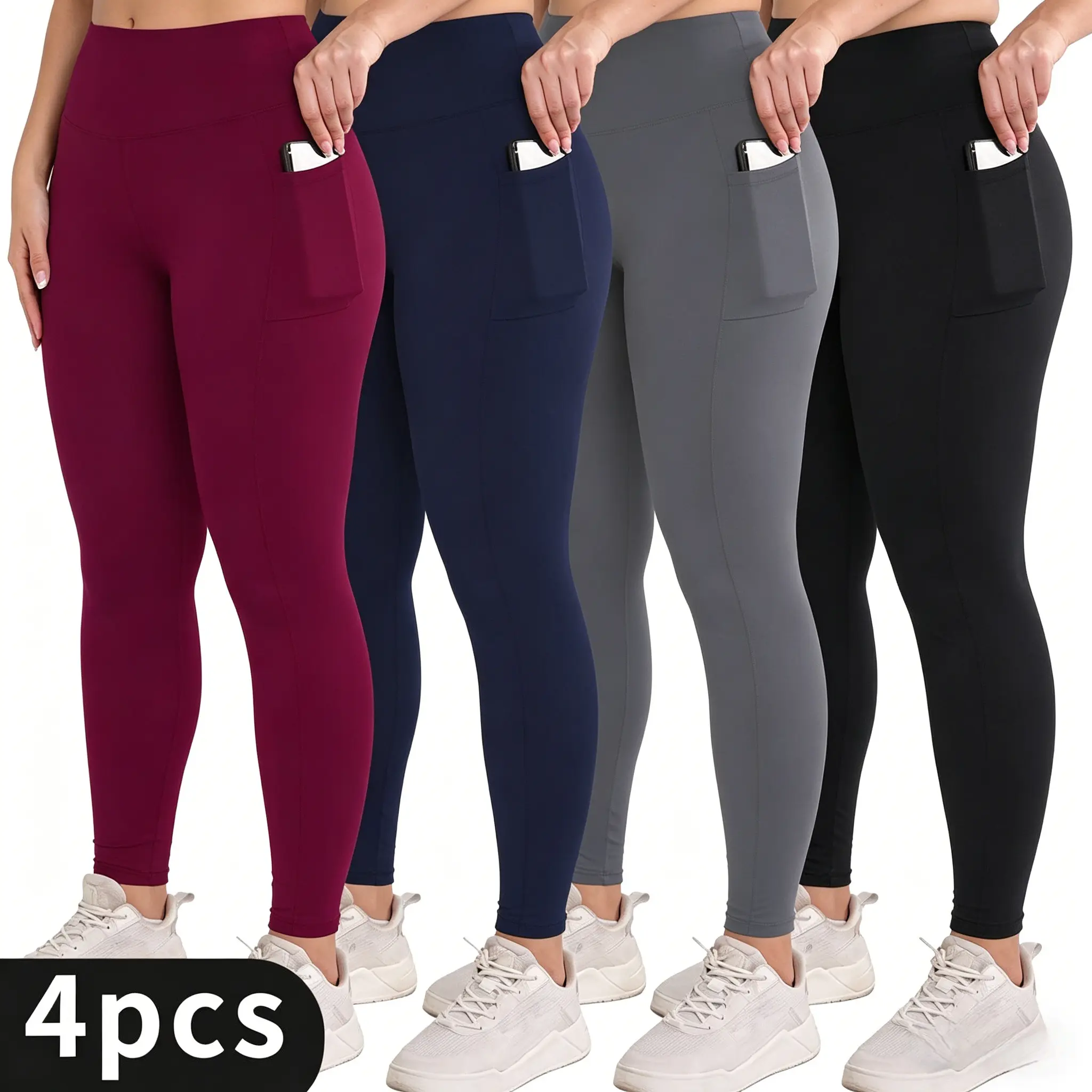 High-Waisted Solid Color Pocket Pants - 4 Pairs, Tummy Control Side Pocket, Casual & Simple Style, Suitable for Spring, Summer & Autumn