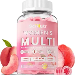 SciNutr Women's Multigummies with Folate Inositol Probiotic 1500 IU Vitamin D3 1200 MCG B12 350MG Omega 3 Sugar-Free Gluten-Free Peach Flavor 60 Gummies, Chewable, 60 Pieces