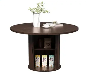 Round Dining Table for 4, 47" Modern Fluted Circle Kitchen Table with 2-Layer Storage and Sliding Door, Farmhouse Dinner Tables for Kitchen, Dining Room