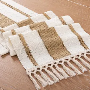 Boho Macrame Table Runner - Small Woven Cotton Linen Table Runner with Tassels, 12x36 Inch for Spring, Easter, Coffee Table, Dresser & Dining Room