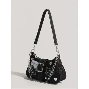 Women's Fashionable Star Patched Shoulder Bag, Vintage Y2K Style Chain Decor Underarm Bag for Daily Used, Casual Trendy Versatile High-quality Daily Commuting Bag, Crossbody Chain Bag