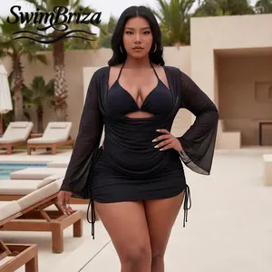 Briza｜Plus Size Two Piece Bathing Suit for Women Long Sleeve Mesh Cut Out Black Push Up Bikini Swimsuit with Cover Up Beachwear Summer Pool Vacation Resort Swimwear, Women's Swimwear, Bikini Set, Rash Guard Swim Shirt, Cover Up Swimwear