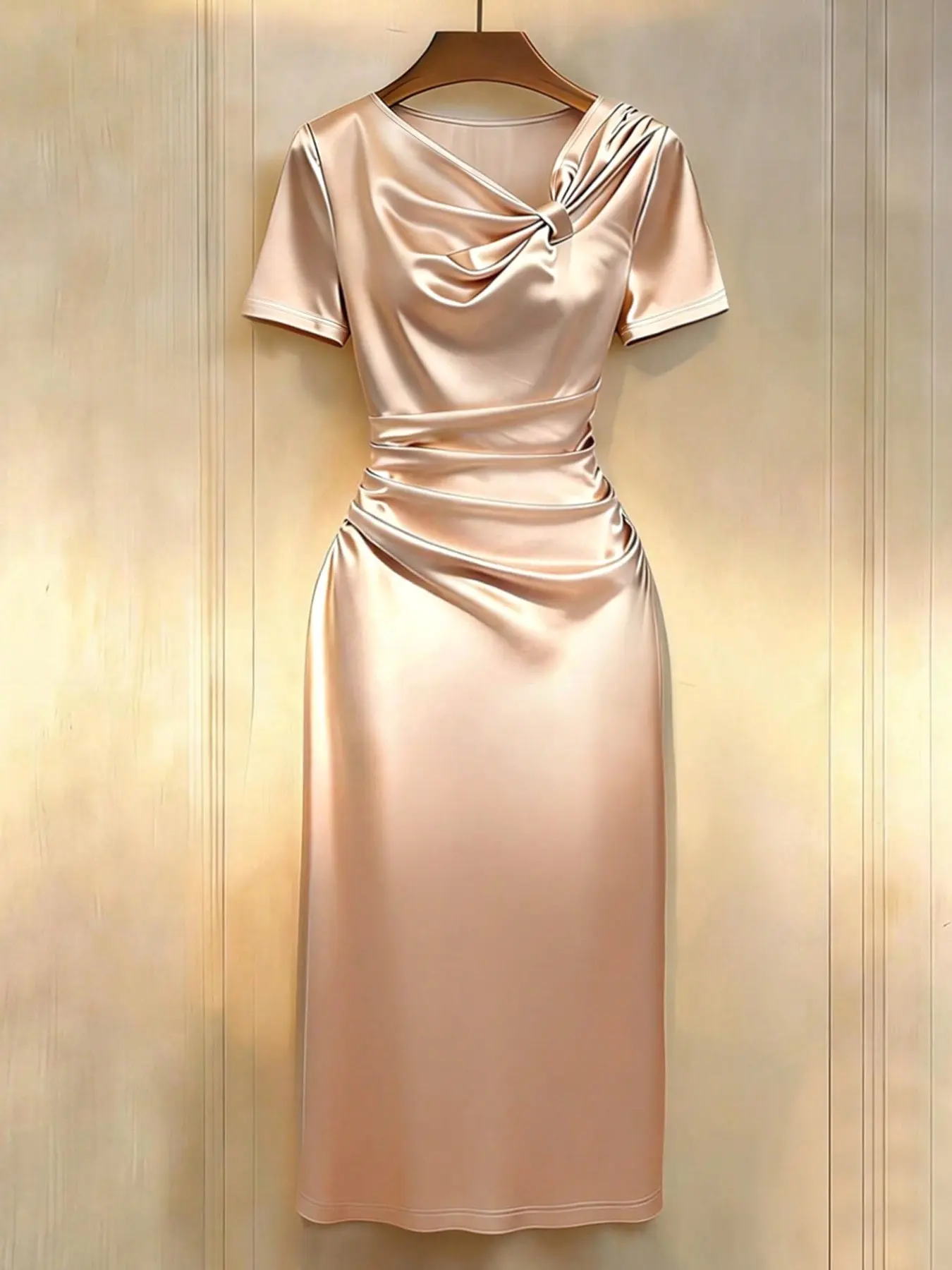 Elegant Formal Satin Chic Dress Womenswear, Long Plain Short Sleeve, High Waist Slimming, All-Season Workwear Office Wear, Summer New Arrival, Ffsp2672