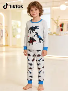 Boys Girls Round Neck Long Pajama Set, Dinosaur Cartoon Print, Casual Comfortable Sleepwear, Home & Outdoors, All Seasons