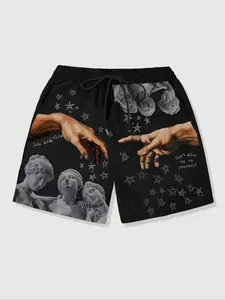Men's Figure & Hand & Star Print Drawstring Waist Shorts, Regular Fit Casual Street Pocket Shorts for Fall & Winter, Men's Bottoms for Daily Wear, Menswear, Lightweight Beach Shorts, Casual Streetwear Shorts