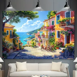 1pc Vibrant Village Scene Polyester Backdrop Banner - 100% Durable Fabric, Colorful Coastal Village with Stone Houses & Sea View, Perfect for Holiday Decorations, Party Portraits, and Home Wall Art, Holiday Decor Backdrop |   Picturesque Scene Banner