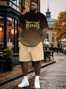 Men's Plus Size Digital Print Summer Two-Piece Set, King Pattern Casual, Round Neck Short Sleeve T-Shirt & Drawstring Shorts