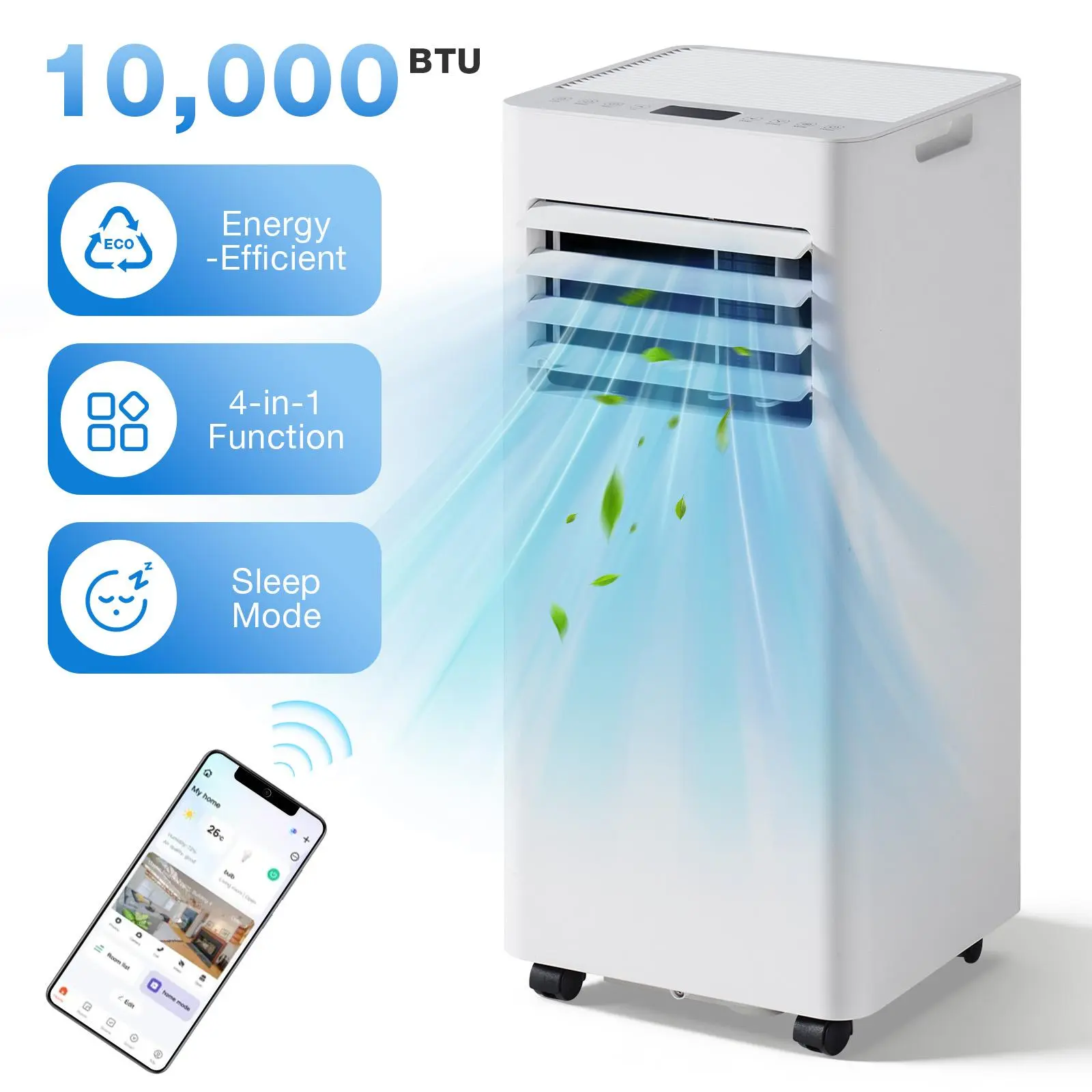 12,000 BTU 5-in-1 Portable Air Conditioner - Heat, Cool, Portable Fan, Dehumidifier with Remote, Sleep Mode, Quiet Indoor Unit for 400 Sq.Ft Spaces, Bedrooms, User-Friendly Home Improvement Appliance