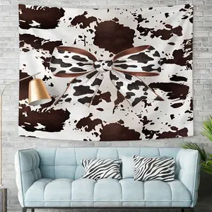 Holstein Cow Print Tapestry, Stylish Wall Hanging Decor, Unique Digital Graphic Design, Warm Brown and Off-White Cowhide Background, Decorative Bow Detail, Perfect for Bedroom, Living Room, and Study Spaces, Aesthetic Wall Art