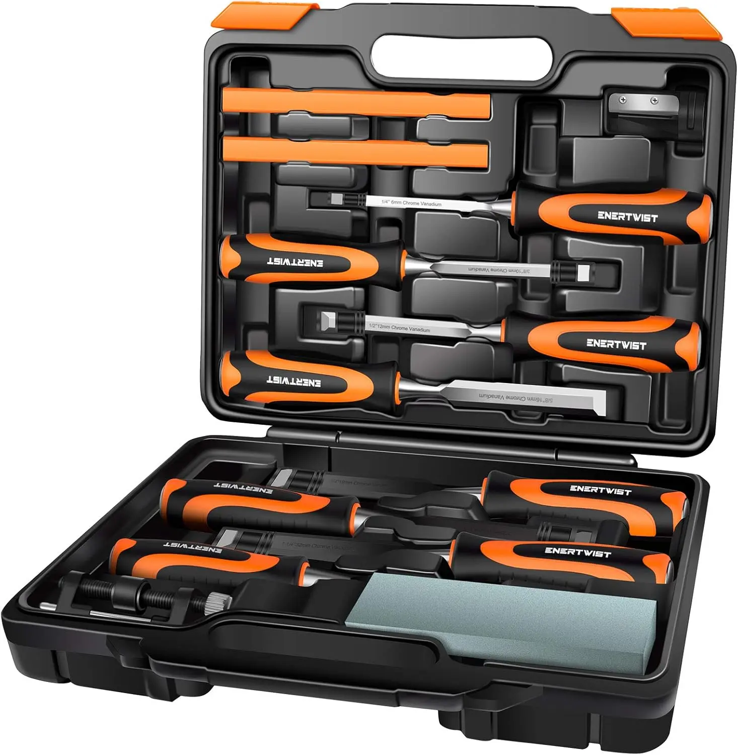 8-Piece Wood Chisel Set, CR-V Steel Bevel Edge Chisels with Sharpening Stone & Honing Guide for Woodworking and Carving
