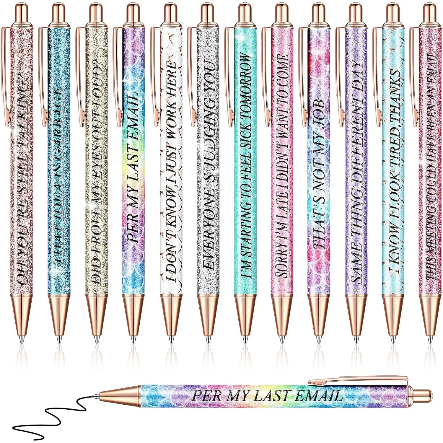 12- Glitter Ballpoint Pen Set - Funny Word Pens for Adults - Office Negative - Blue, , Yellow, Fish Scale Patterns
