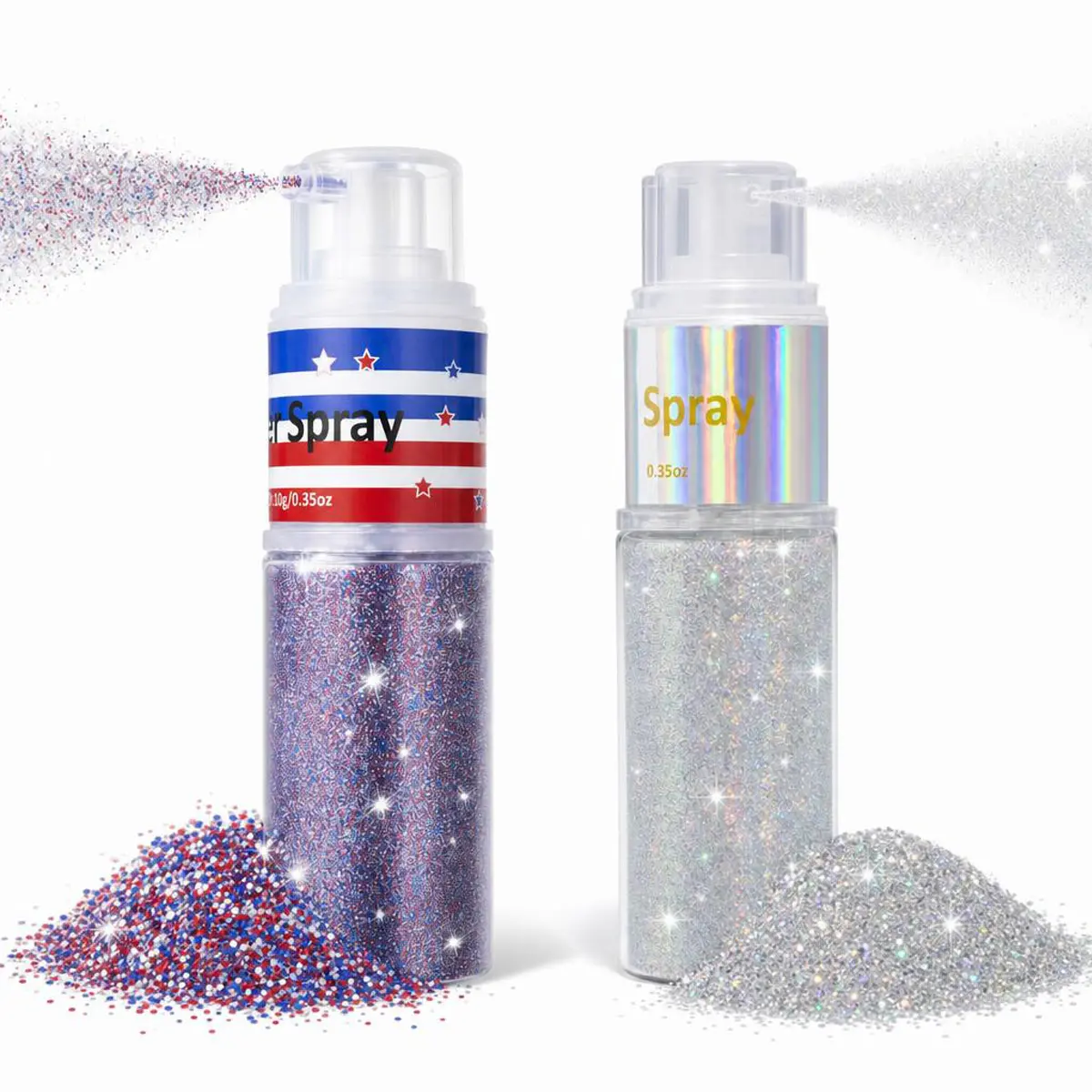 2Pcs Hair and Body Glitter Spray, Red White Blue Patriotic Shimmer Spray, Holographic Ultra Fine Glitters, Long-Lasting Quick-Drying Sparkle Powder Spray for 4th of July Independence Day, Parades, Christmas, Party, Cosplay, Mardi Gras, Concerts, Festivals