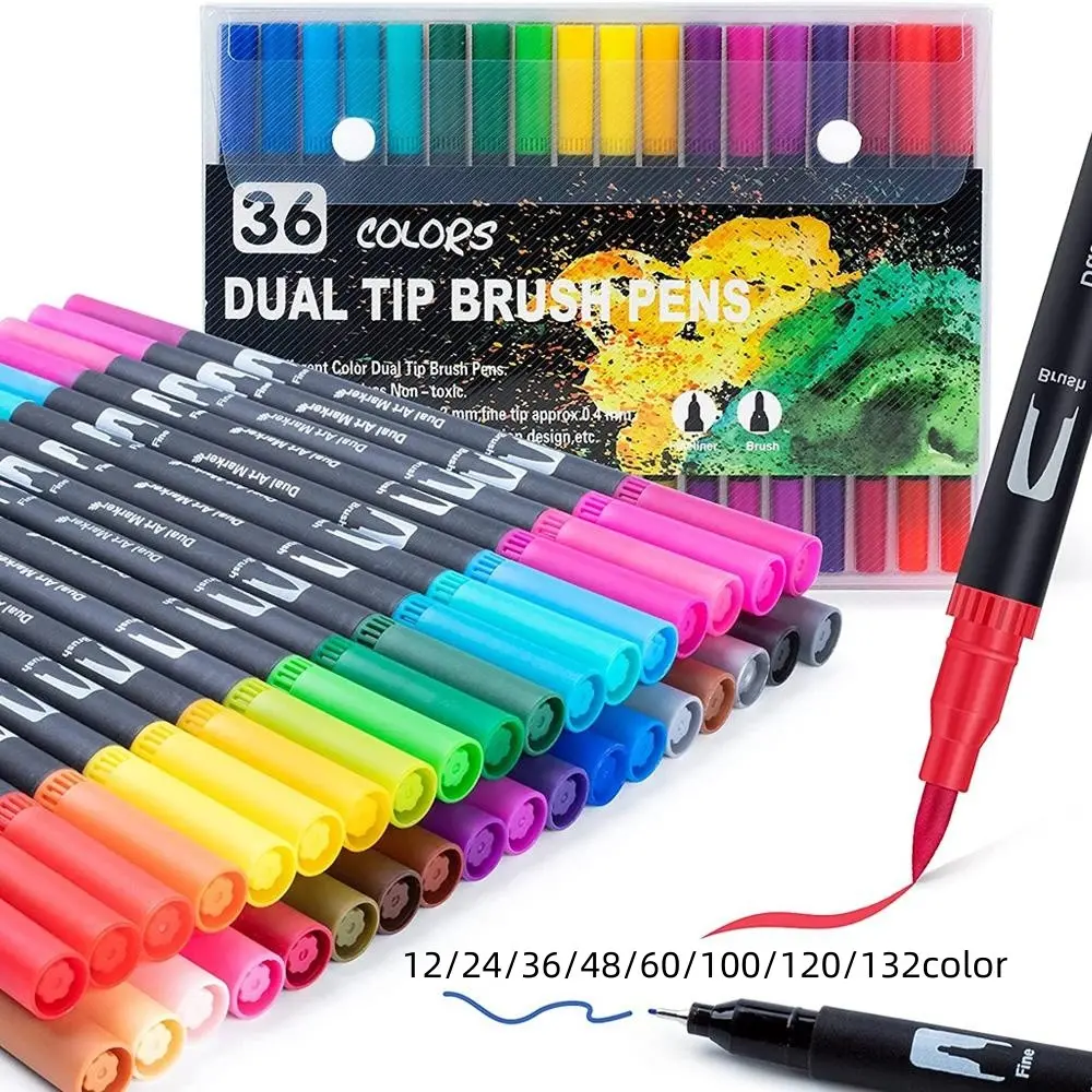 12/24/36/48/60/100/120/132 Colours Double Fibre-Tip Pens,Dual Brush Pen Set,Fine Tip Brush Art Markers for Adult Student Drawing Watercolours Bujo