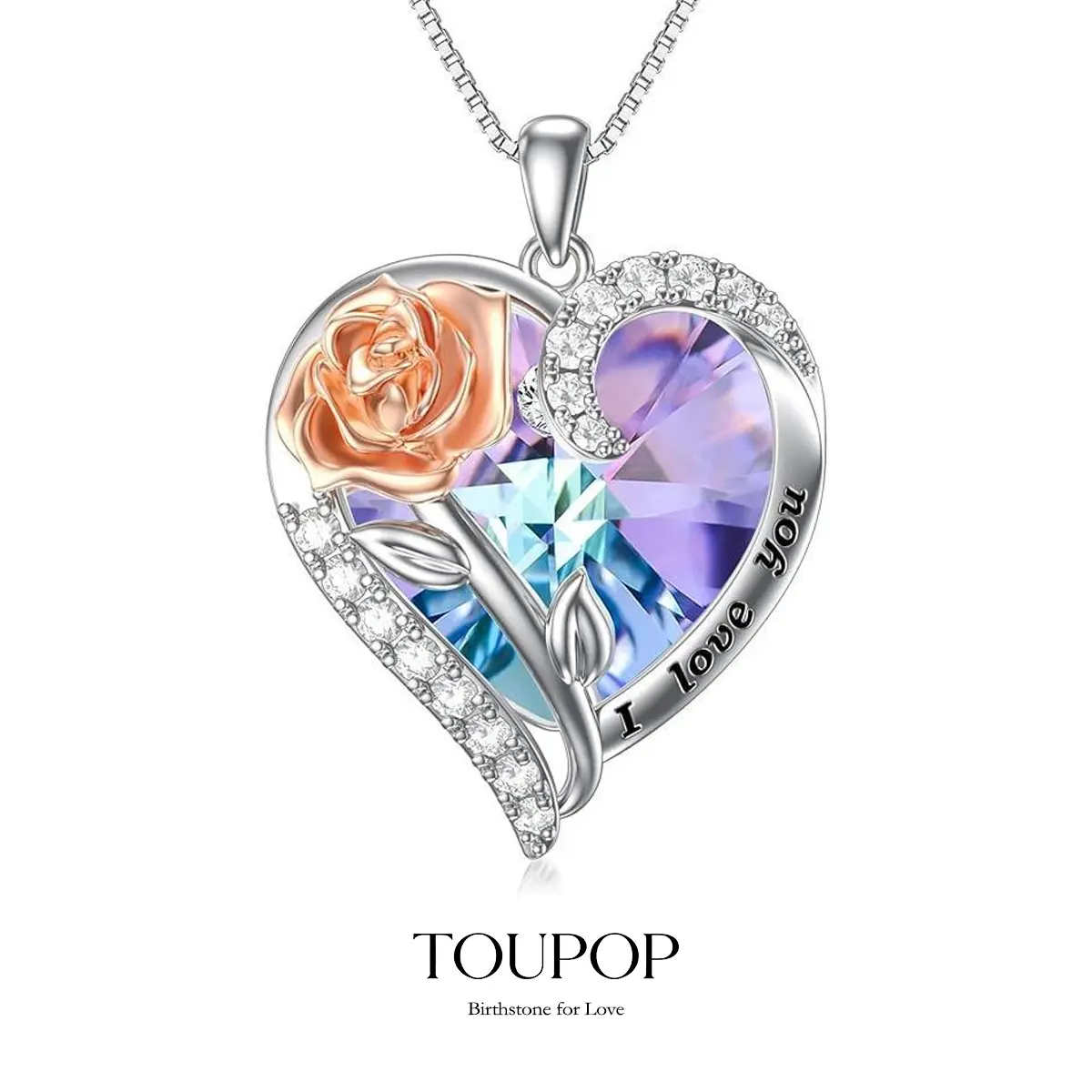 TOUPOP Women's 925 Sterling Silver Birthstone Necklace, Heart-Shape Rose Flower Crystal Pendant with Box Chain, Romantic Gifts for Her (Birthday Christmas)