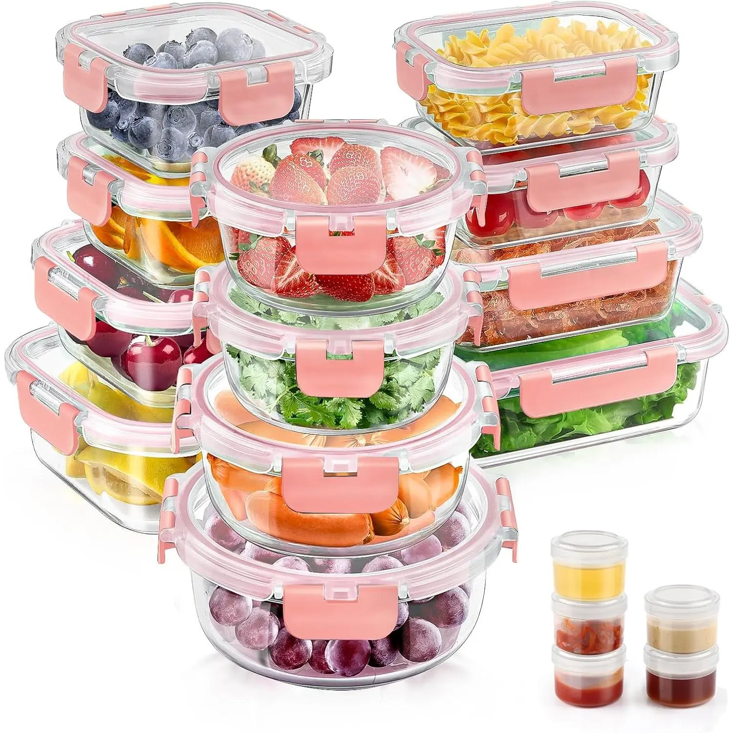 34pcs Glass Food Storage Containers with Lids Set, Airtight Glass Meal Prep Containers (17 Containers & 17 Lids), Leak Proof Lunch Container BPA-Free, Microwave, Oven, Freezer, Dishwasher Safe-PINK, Kitchen Household Products, Kitchen Organization