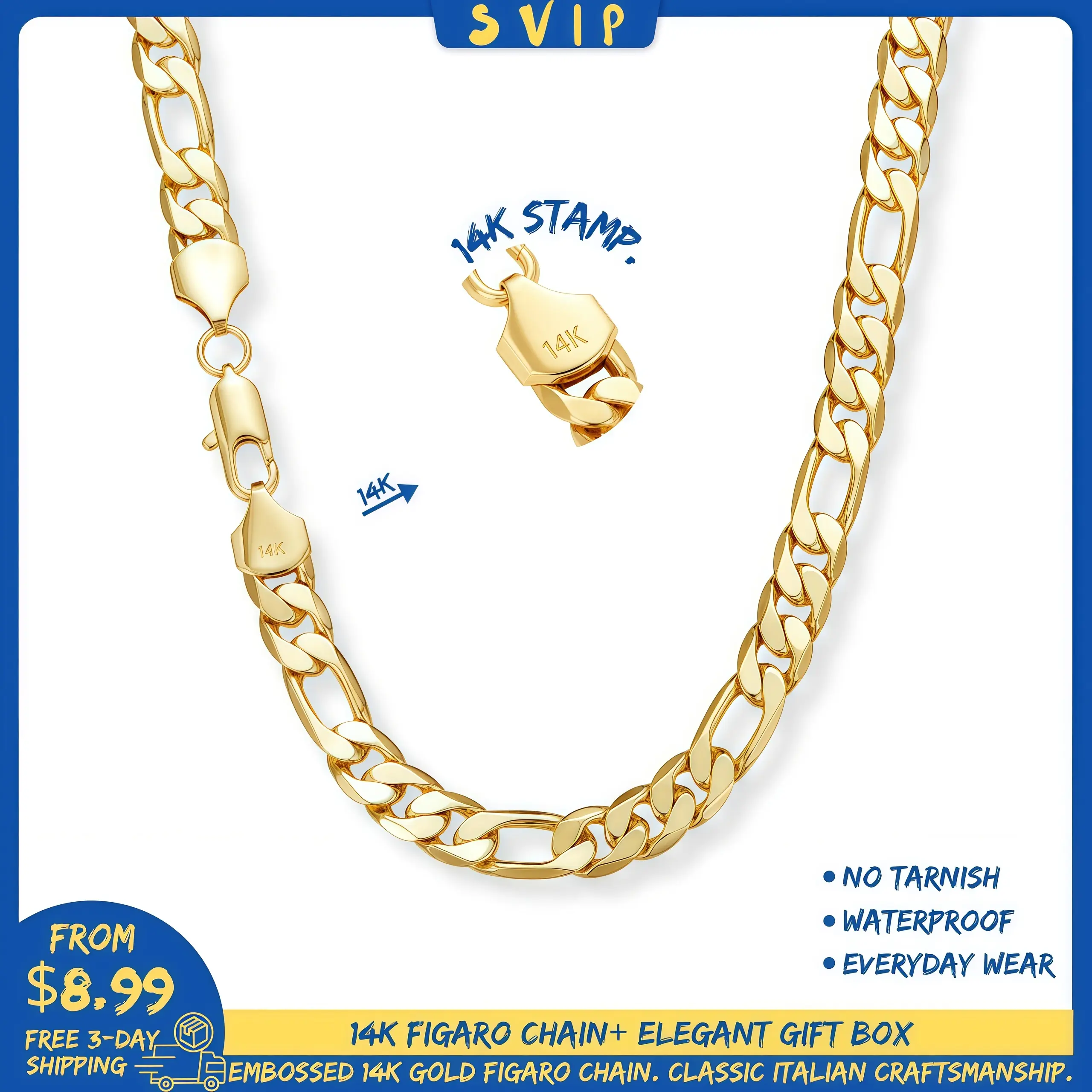 [Free 3-Day Shipping] 14K Real Gold Plated Figaro Chain Necklace for Men, Italian Style, 2mm/10mm Link, 24" Length, Nanotech Coating Non Tarnish Stainless Steel Jewelry, Gold Statement Chain, Hip Hop Streetwear Accessories Adults, Perfect Layering Gift