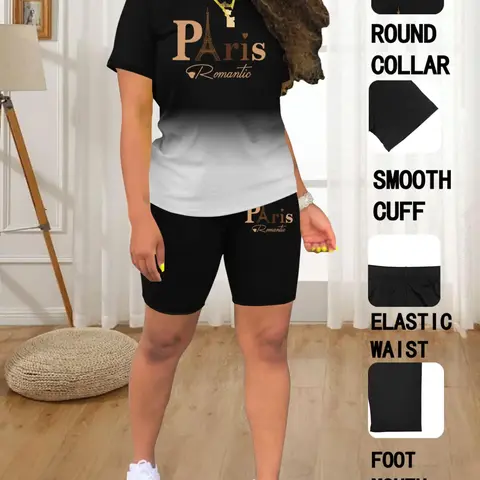 Summer Round Neck Short Sleeve Ombre Printed T-Shirt and Shorts Matching Set Outfit, Casual Long Length Fitted Suit, Plain Surface, 88.2 G/m²