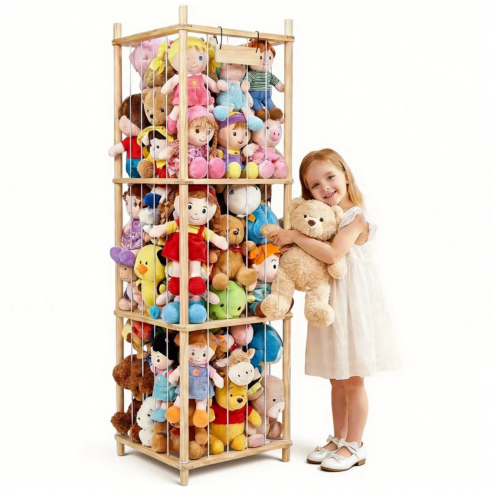 55" Wooden Toy Storage Organizer Unit - Multifunctional Solution with Elastic Band, Mesh, Large Space, Stackable Bins & Boxes for Kids’ Bedroom, Playroom
