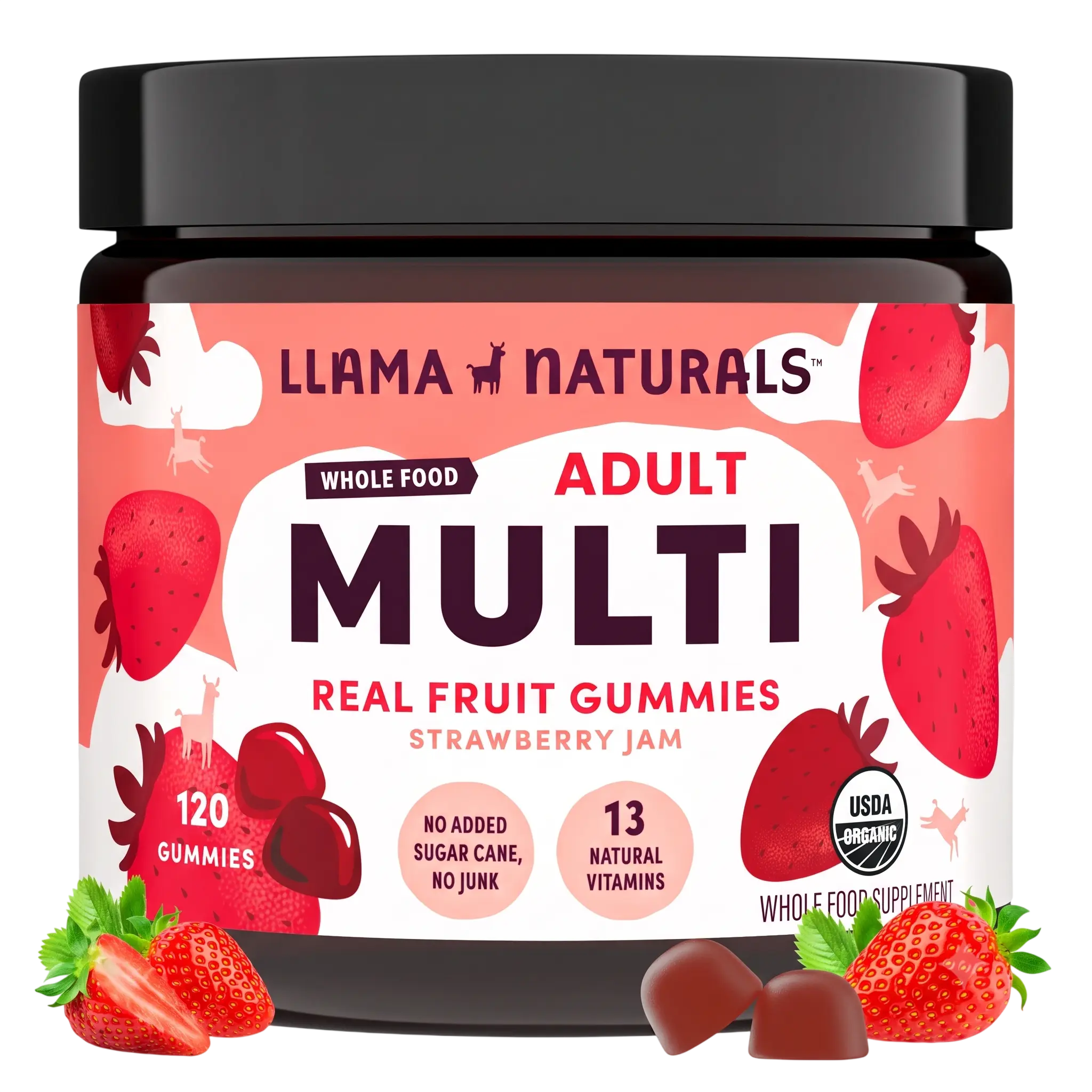 Llama Naturals Multivitamin for Women & Men, Vegan, Organic Gummies with Vitamin D, C & K, Adults Real Fruit Gummy Vitamins, Chewable Multivitamin Supplement, No Added Sugar Cane, Strawberry, 120 Ct