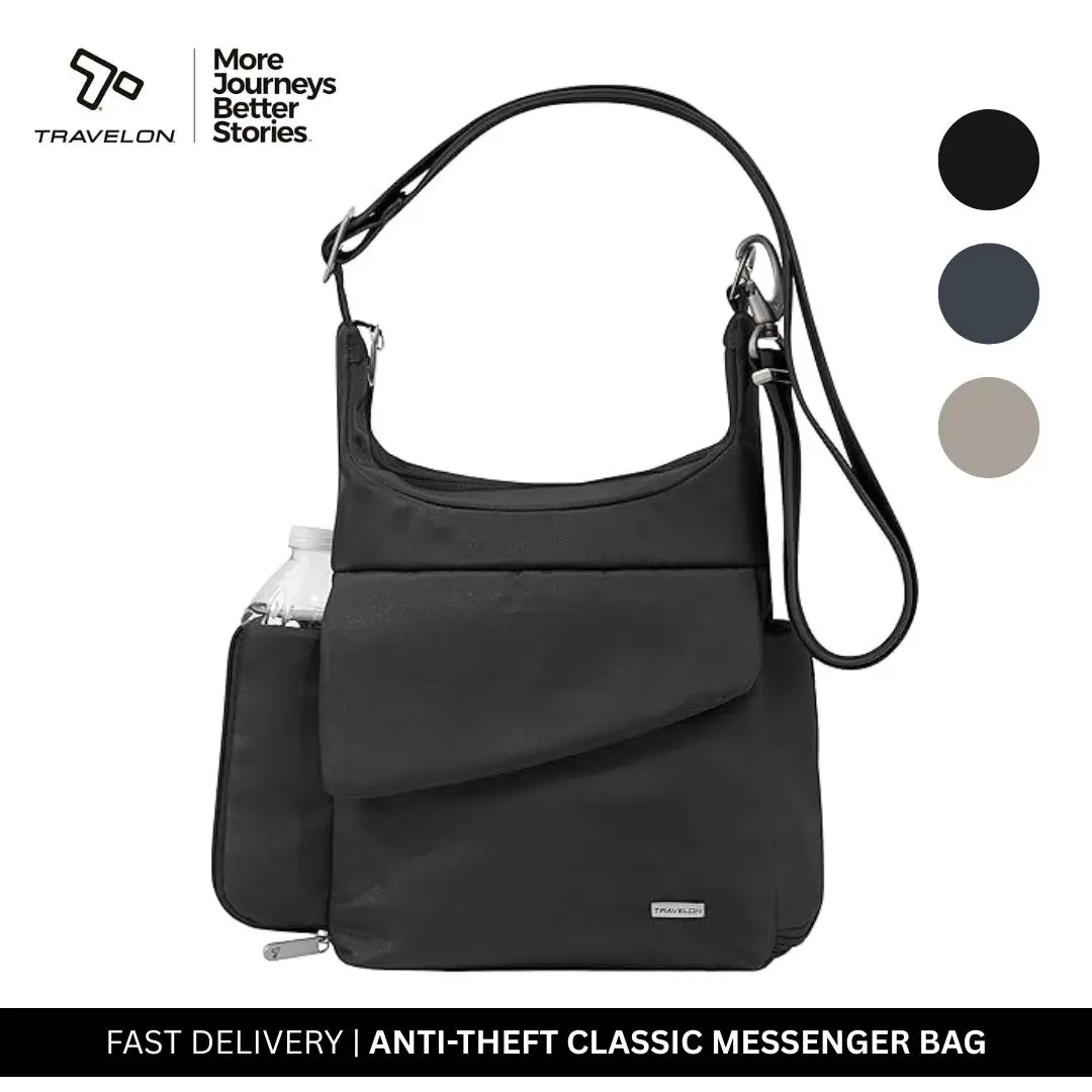 Travelon Anti-Theft Classic Messenger Bag, Zipper Crossbody Tote, Adjustable Crossbody Shoulder with 5-Point Security System & Slash-Resistant Mesh Inner Lining for Travel Security