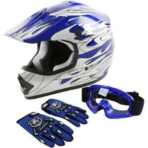 Youth Motocross Offroad Street Dirt Bike Helmet Youth Motorcycle ATV Helmet with Goggles Gloves Blue Flame M
