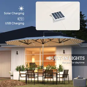 Outsunny Extra Large 14.4/15ft Double-Sided Patio Umbrella, with 36 LED Lights, with Base Included, for Backyard, Deck, Pool, Market