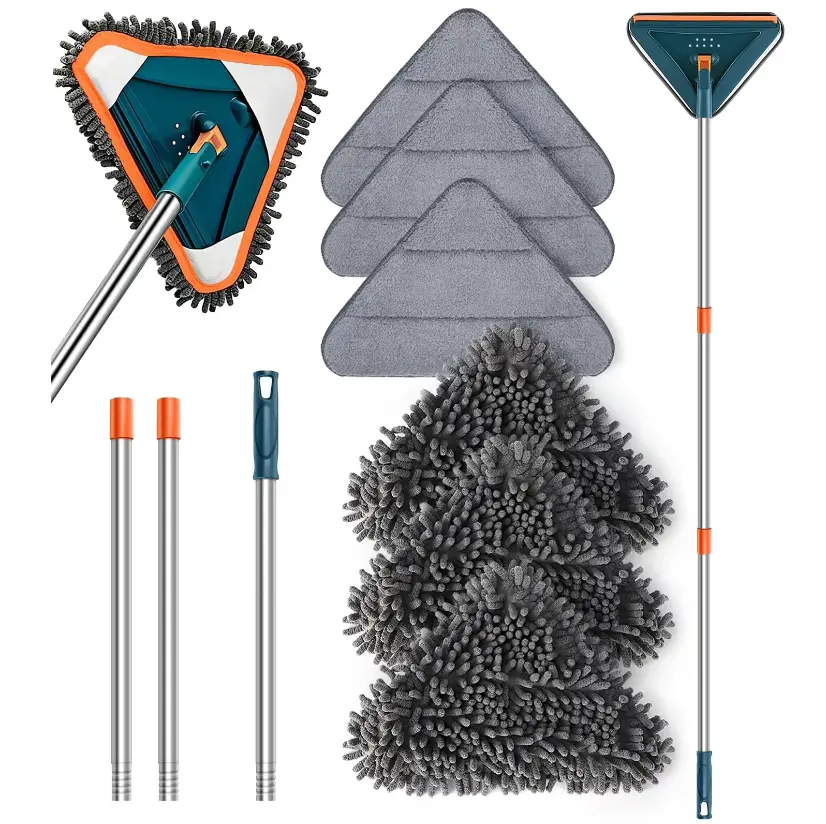 Triangle Wall Cleaning Wand Mop - Adjustable Extendable Long Handle, 360-Degree Rotating Head, 6 Microfiber Chenille Pads, New Home Moving Essential, Father's Day Practical Gift, Summer Mid-Year Deal, Cleaning Wand Mops steam mop campingessentials