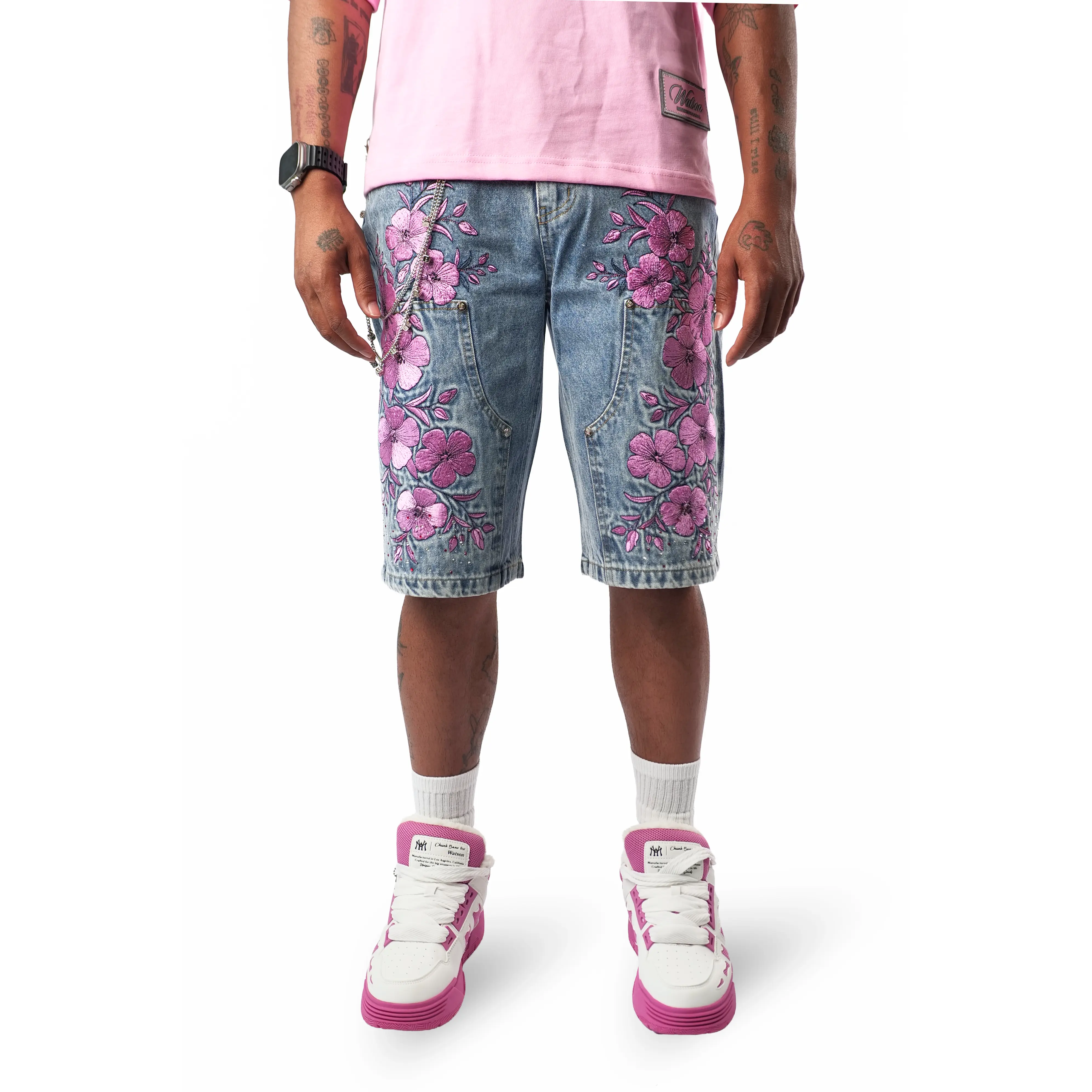 FLORAL LIGHT WASH DENIM CARPENTER SHORTS