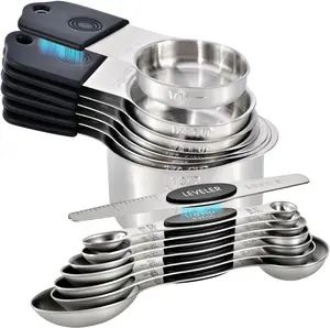 Magnetic Measuring Cups and Spoons Set Including 7 Stainless Steel Stackable Measuring Cup 8 Double Sided Magnetic Measuring Spoons with 1 Leveler for Dry and Liquid Ingredients (black)