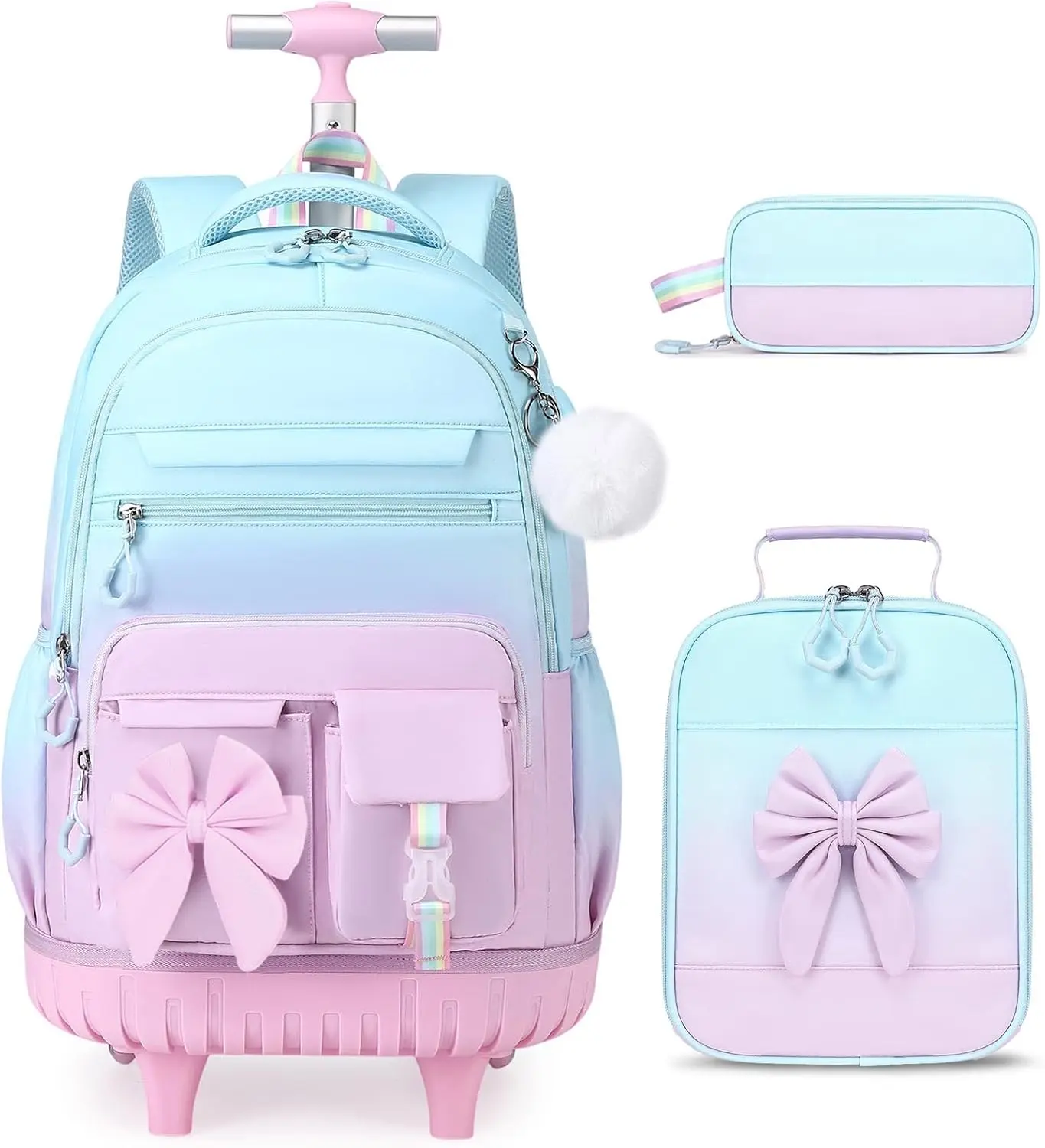 SIMILOVE Charming Look Girls' Rolling Backpack with Retractable Rod, Tear-Resist Wheeled Pack Set (Lunch Bag + Pencil Case) for Elementary-Middle School Commute