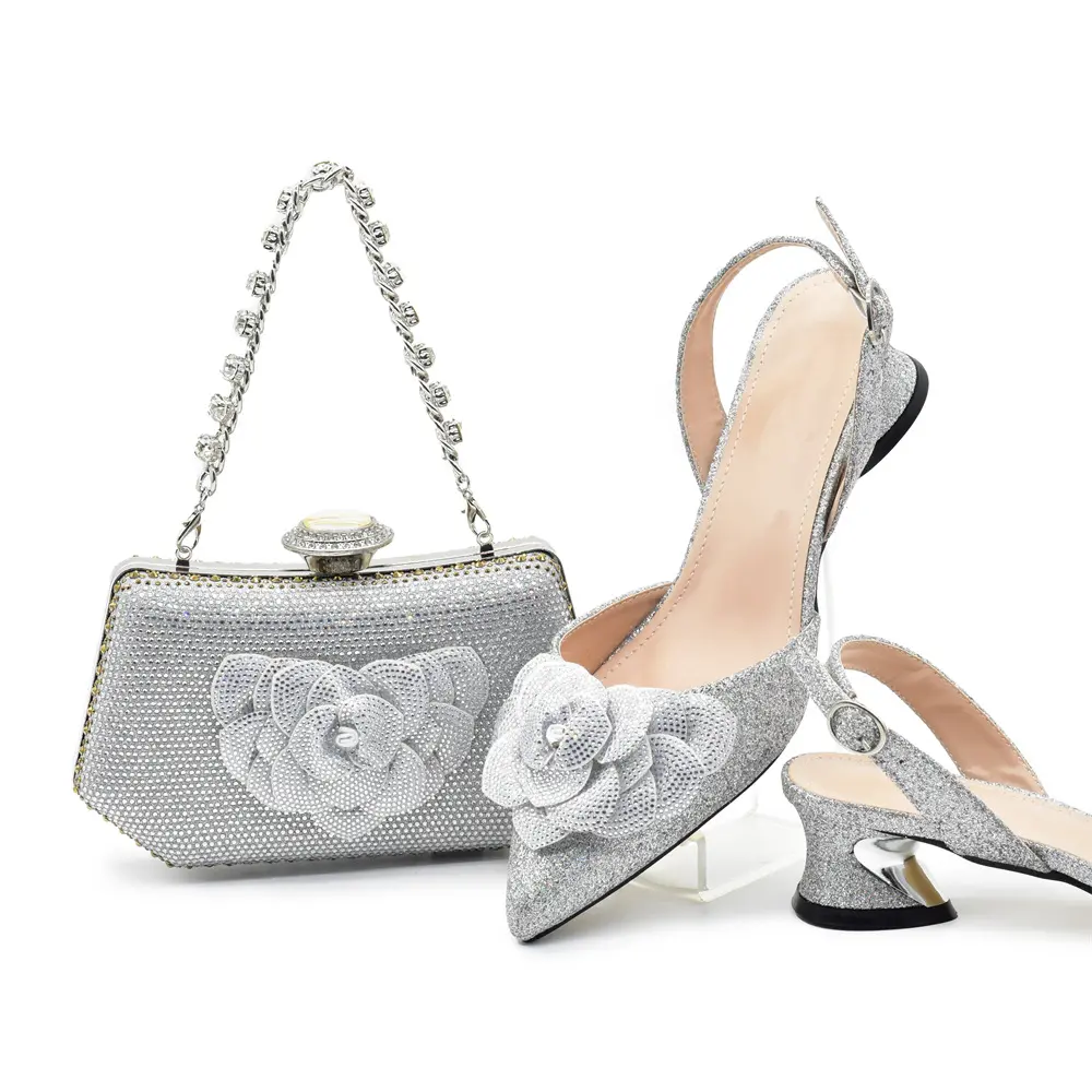 Women's Flower Rhinestone Heels & Matching Clutch Bag Set Low Block Heel Slingback Sandals Crystal Evening Party Dress Shoes for Wedding & Formal Events