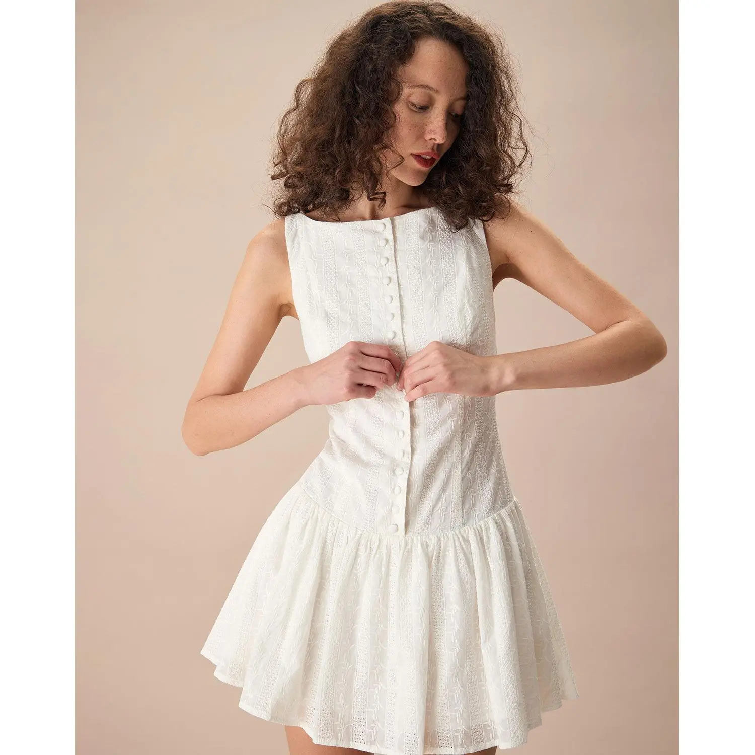 Rihoas Women's White Boat Neck Jacquard Cotton-Polyester Sleeveless Button-Front Zipper-Accent Skater Mini Dress - Soft Premium Casual Resort Wear