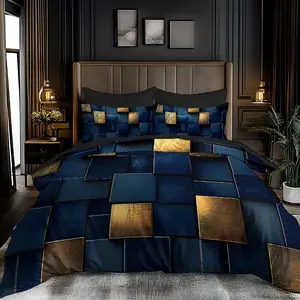 Block splicing bedding set of 3 pieces, Modern bedding set, suitable for bedrooms and guest rooms, including 2 pillowcases and 1 duvet cover (unfilled) made of polyester material. Suitable for all seasons