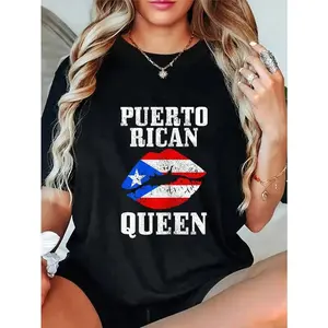 100% Cotton Puerto Rican Queen Puerto Rico Flag Pride Boricua Girls T-Shirt Casual Short Sleeve Shirt