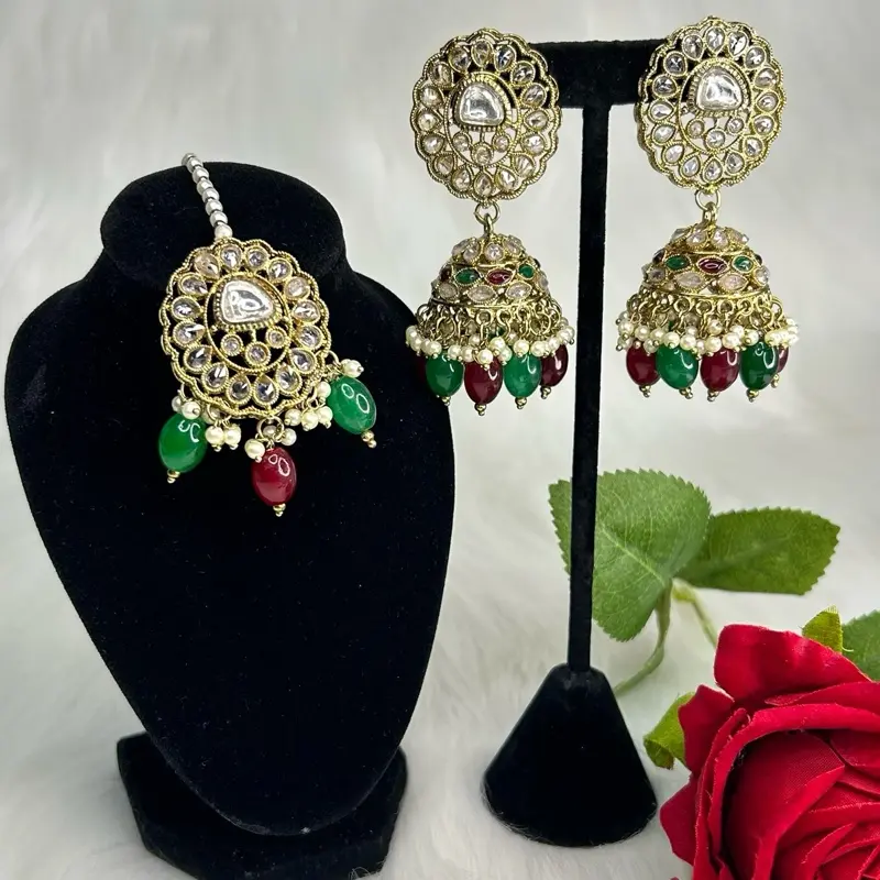 Desi Bollywood Style Gold Tone Jhumka And Tikka Set for Special Occasions Trendy Unique Design Party Wedding Wear