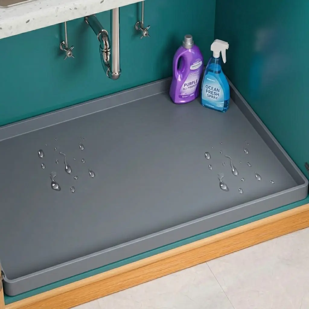 Extra Thick Silicone Under Sink Mat, 34" x 22" Waterproof Mat with Raised Edge, Kitchen Cabinet Liner for Kitchen & Bathroom Storage Protection