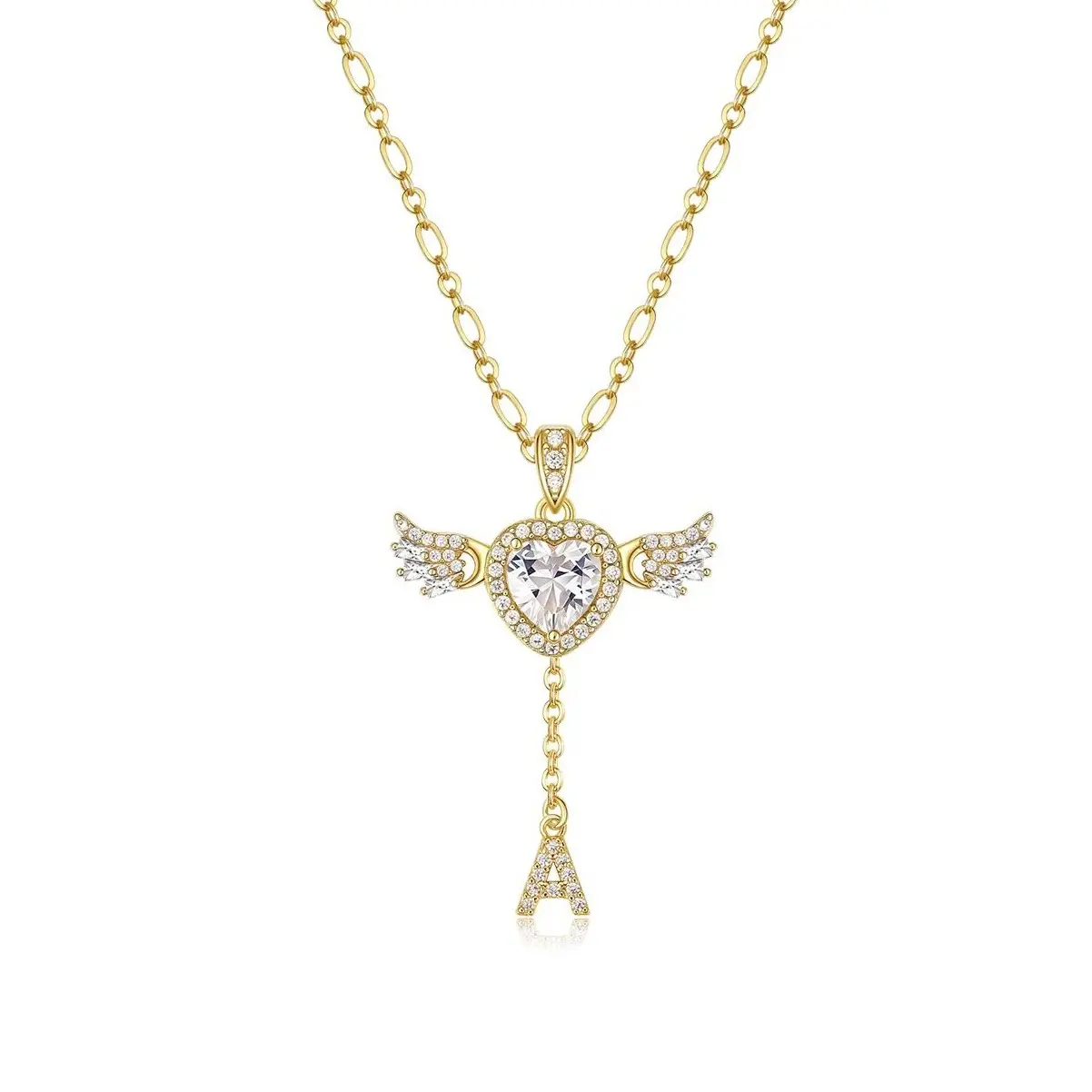 MEIITRUE 14K Gold Plated Angel Initial Necklace for Women, Heart Zirconia Pendant Necklace with Movable Wings, Personalized A–Z Letter Pendant Jewelry for Women backtoschool