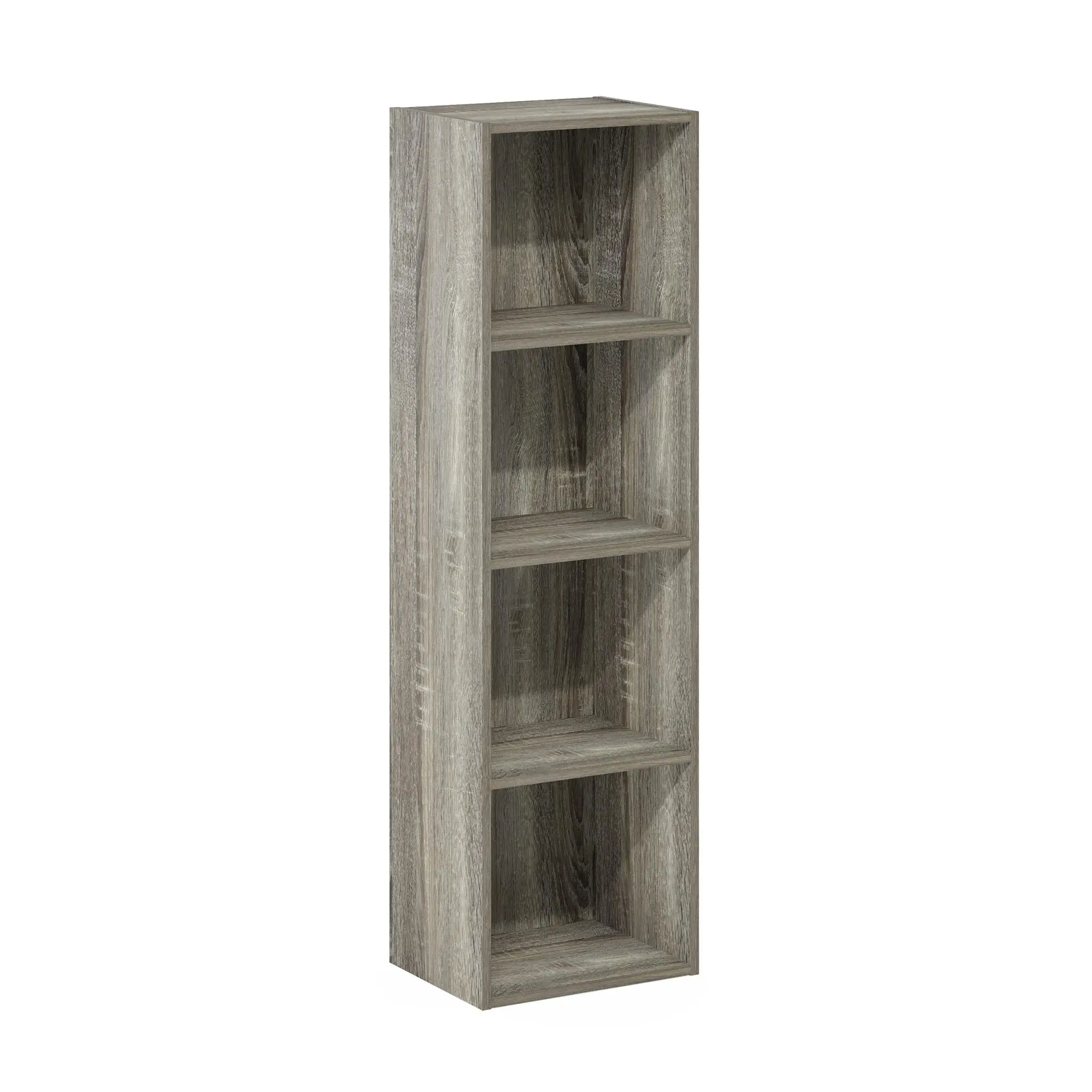 Wooden Bookshelf - Contemporary 4-Shelf Unit, Carb Wood Multi-Level Shelving Living Room Furniture, 9x12x42in French Oak, Sturdy Open Indoor Organizer with Book Nook for Collectibles Display, Clean Aesthetic Small Room Solution