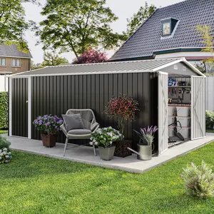 10x14 FT Outdoor Metal Storage Shed with 3 Lockable Doors & 4 Air Vents, Heavy Duty Garden Tool Shed with Sloped Roof, Dark Grey Utility Building for Backyard, Patio & Lawn