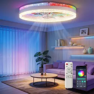 DEMILARE RGB Ceiling Fan with Light and Remote, Dimmable LED with Ambient Lighting, 6 Speed Quiet Reversible Motor, Low Profile Flush Mount Fandelier with Dual Lighting, Modern Ceiling Fan for Bedroom Living Room Gaming Room , Stock Up,Mother's Day