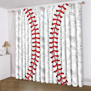 Baseball Pattern Curtain, 2 Counts Soft Baseball Pattern Curtain, Window Drapes Home Decoration Curtain for Home Living Room Bedroom Decor