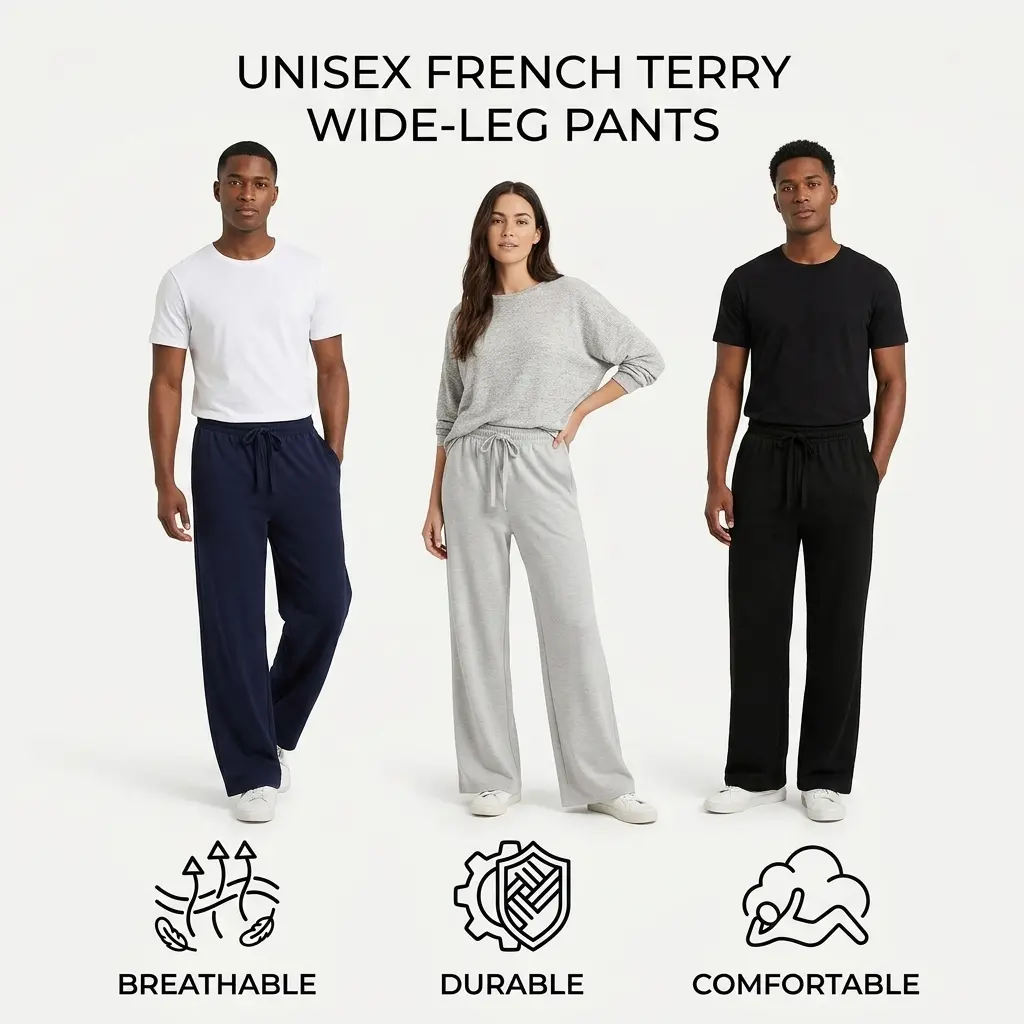 Unisex French Terry Wide Leg Sweatpants 80% Cotton Lounge Pants Relaxed Fit Drawstring Casual Joggers with Pockets