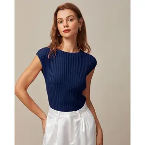The Blue Boat Neck Ribbed Cap Sleeve Knit Tee