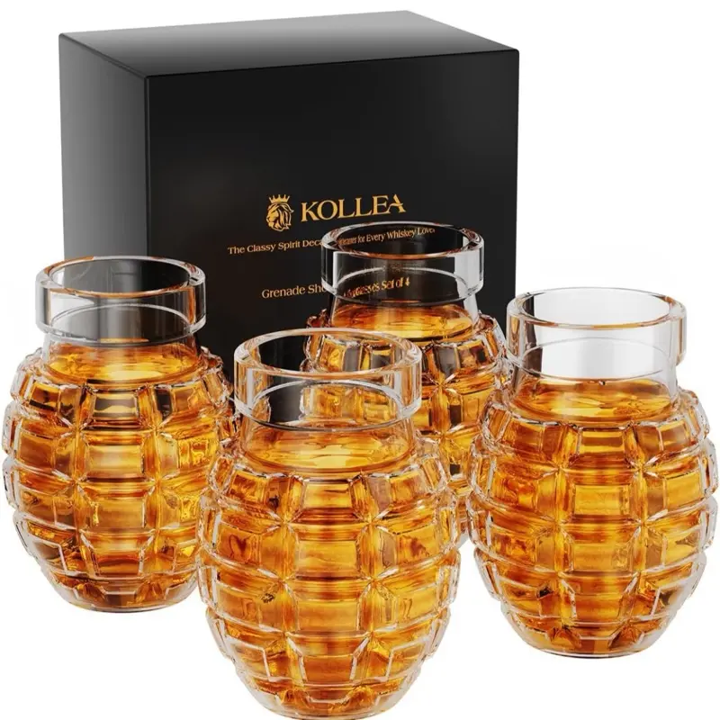Grenade Whiskey Glasses Set of 4 – Old Fashioned Bourbon & Cocktail Crystal Glasses in Gift Box | Military Man Cave Gift for Men