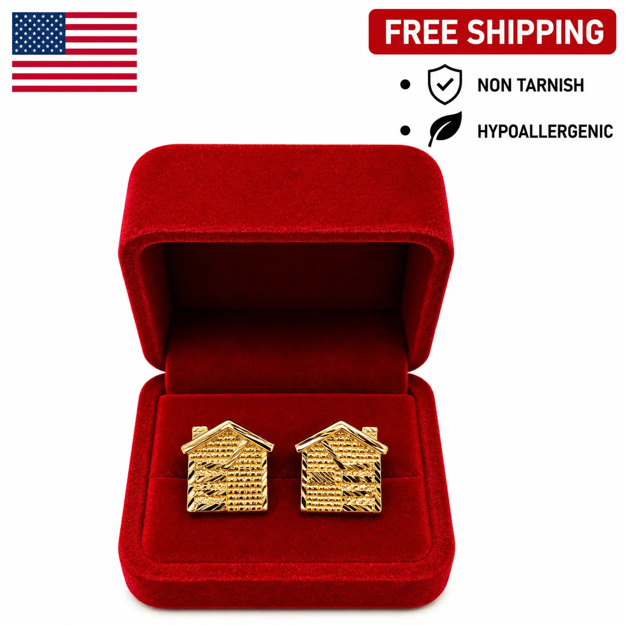 18K GOLD PLATED HOUSE EARINGS TARNISH RESISTANT HYPOALLERGENIC FOR MEN AND WOMEN