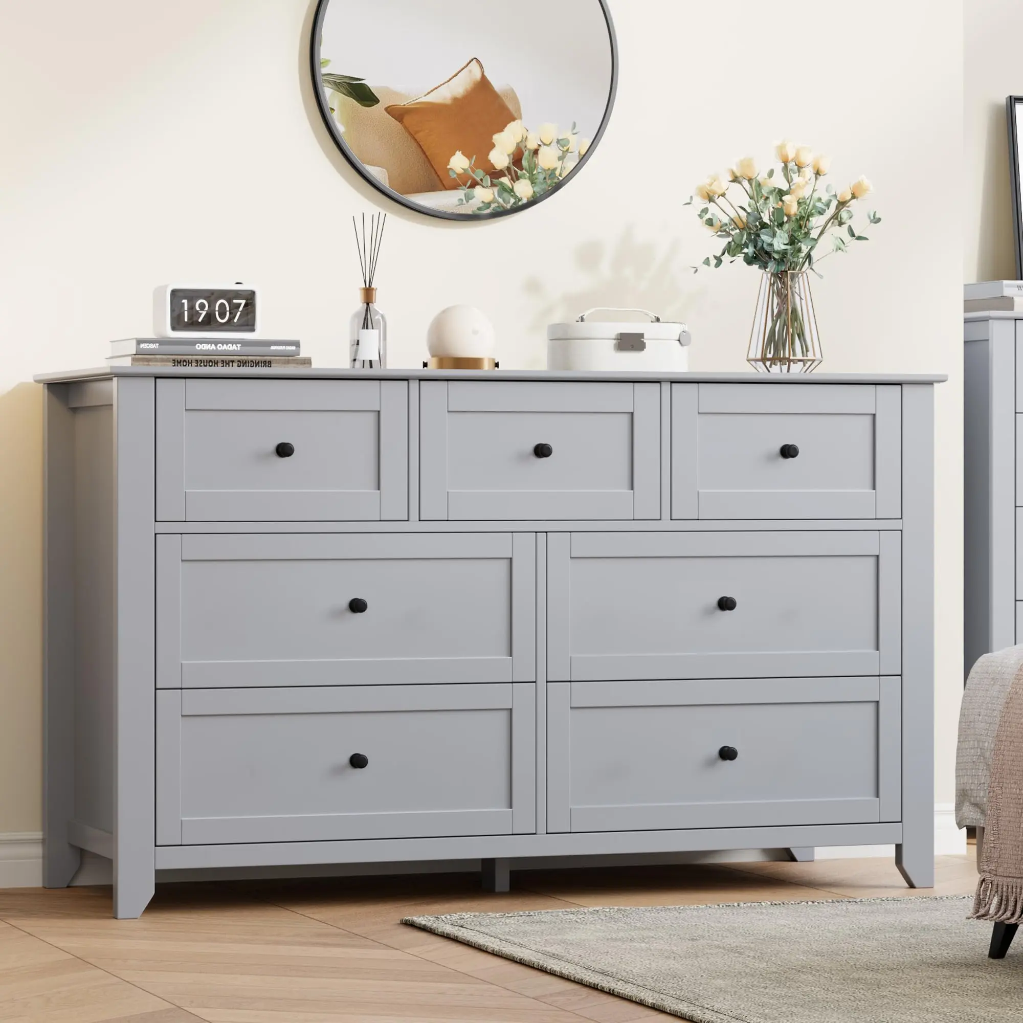 Garvee Grey 7 Drawer Dresser for Bedroom, 54" wide Large Dresser with Deep Drawers & Metal Knobs, Modern Wooden Chests of Drawers for Entryway, Hallway