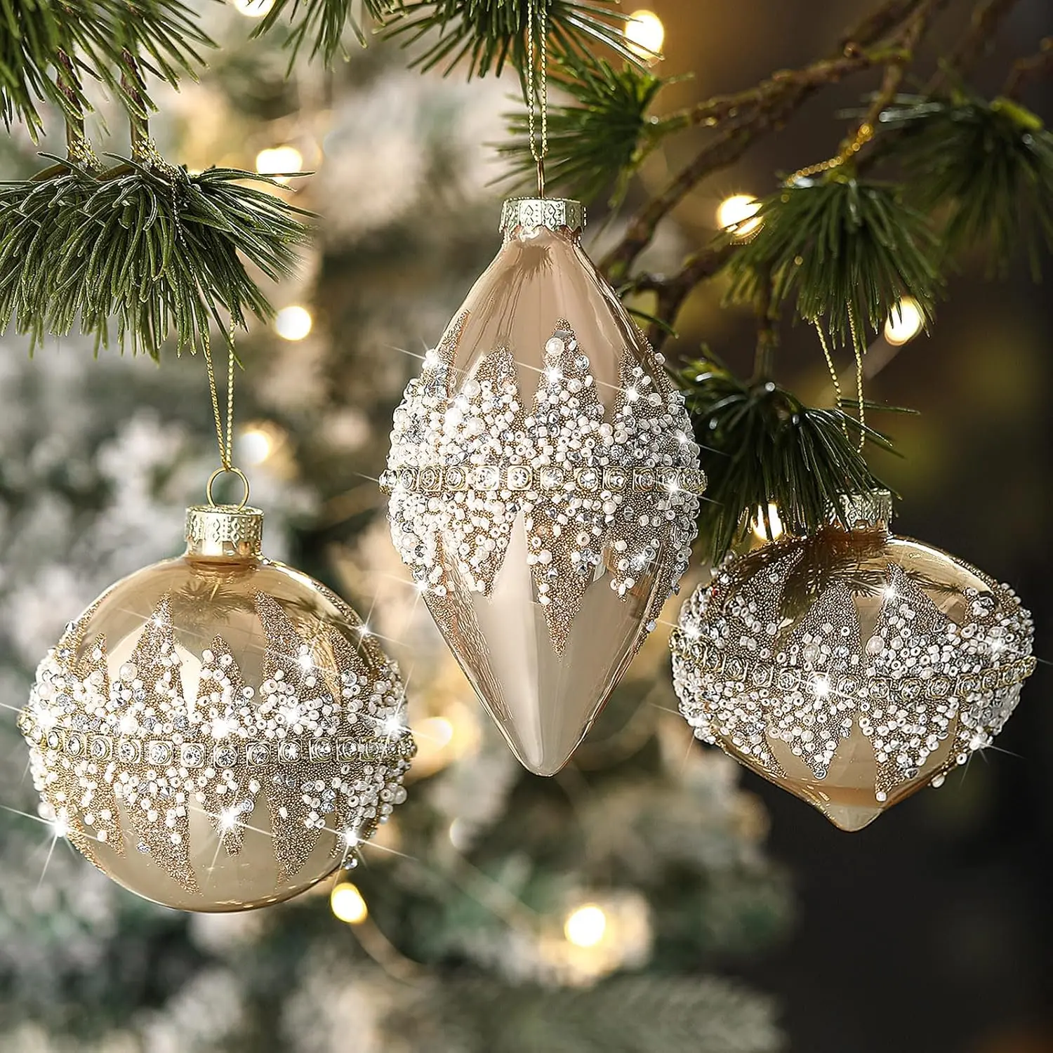 3 Pcs Champagne Christmas Glass Ball Ornaments Beaded Sequined Glitter Ball Christmas Tree Decorations Hanging Xmas Glass Baubles for Holiday Xmas Tree Party Decor