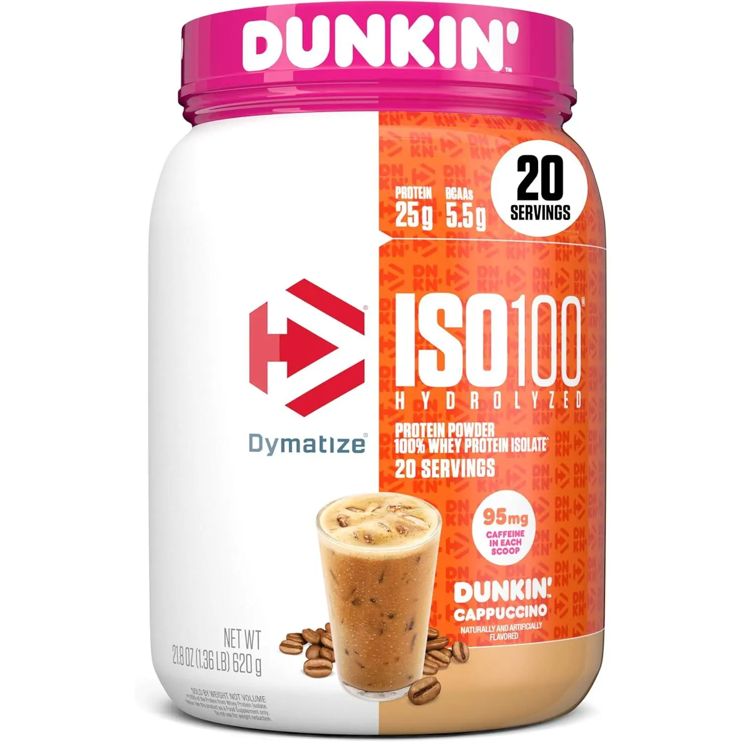 Dymatize x Dunkin' Cappuccino ISO100 Whey Protein Powder, 95mg Caffeine, 25g of Protein5.5g BCAAs, 120 Cal., Gluten Free, 1g Fat, 1g Sugar, 2g Carb (20 Servings)