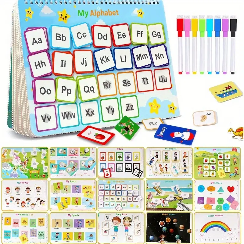 [32 Themes]Montessori Busy Book for kids, Preschool Learning Activities, Gifts for Toddlers, Busy Tots Bilingual Toddler Markers,Travel Student Painting Supplies