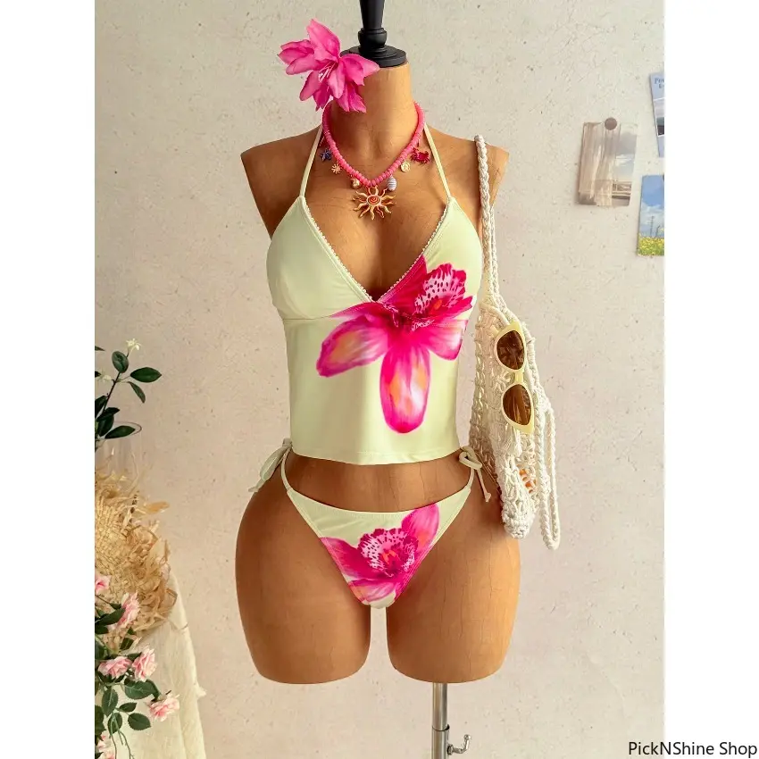 Women’s Floral Print Halter Bikini Swimsuit Set Tie Back Design Lightweight Stretch Fabric Two Piece Swimwear for Beach Vacation Pool Party Summer Wear, 2 Piece Sets Women, Beach Outfits